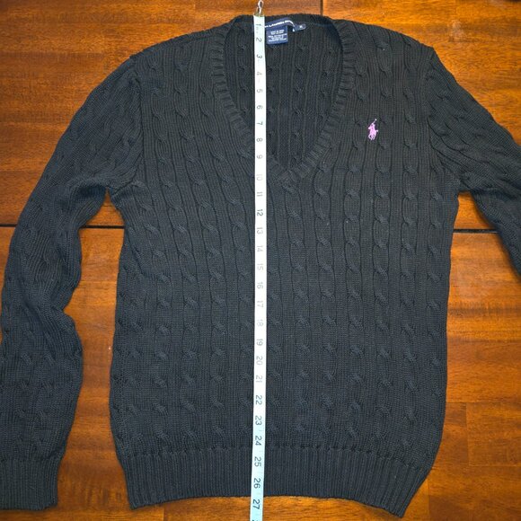 Ralph Lauren Sport Cable Knit V-Neck Sweater XL Black Cotton Purple Pony Classic - Picture 5 of 5